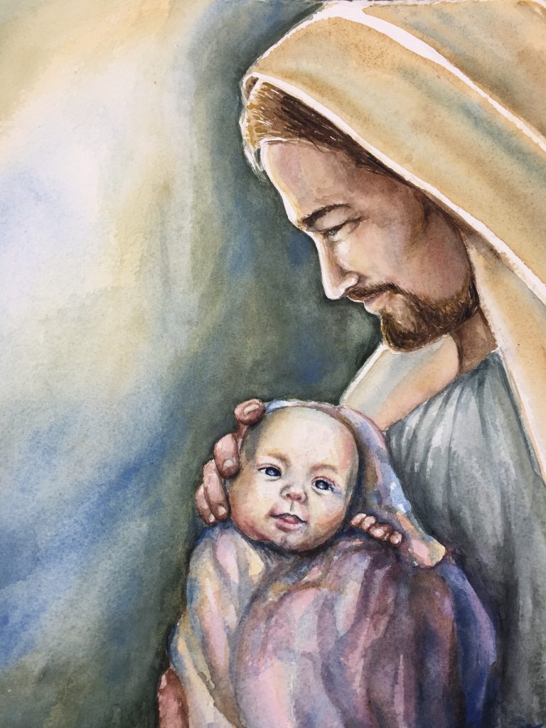 Painting Jesus Christ holding and looking at baby Alice